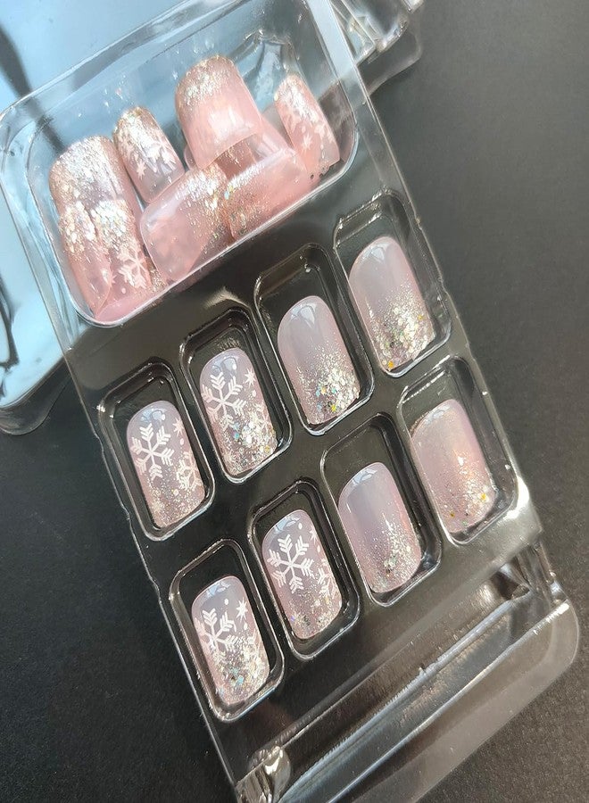 OSTTMA 24Pcs Christmas Snowflake Press on Nails Short Square Fake Nails Winter False Nails with Snowflakes Designs Sparkly Xmas Acrylic Nail Full Cover Glue on Nails for Women Christmas Nail Art Decoration - Image 4